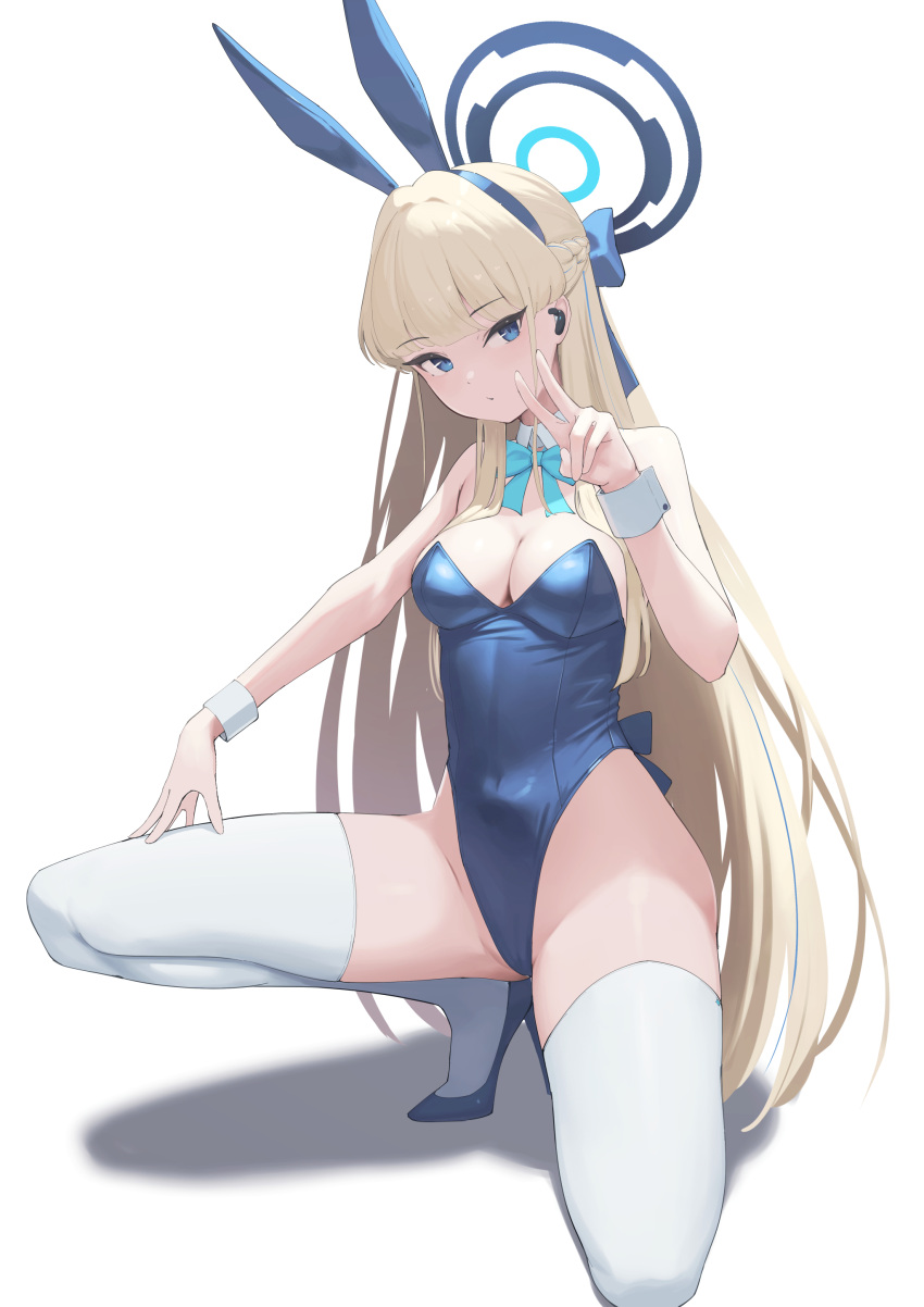 1girl absurdres afe. animal_ears aqua_bow aqua_bowtie blonde_hair blue_archive blue_halo blue_leotard bow bowtie breasts cleavage commentary detached_sleeves fake_animal_ears halo highres leotard long_hair medium_breasts official_alternate_costume rabbit_ears shadow simple_background solo thighhighs thighs toki_(blue_archive) toki_(bunny)_(blue_archive) v white_background white_thighhighs