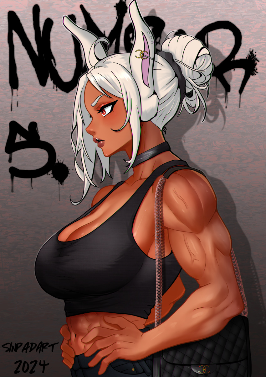 1girl 2024 abs absurdres animal_ears bag bare_shoulders black_choker black_pants black_tank_top boku_no_hero_academia breasts choker cleavage collarbone crop_top dark-skinned_female dark_skin ear_ornament earrings english_commentary from_side hair_bun hands_on_own_hips highres holding holding_bag jewelry large_breasts long_eyelashes long_hair midriff mirko muscular muscular_female navel pants parted_bangs parted_lips rabbit_ears rabbit_girl red_eyes signature single_hair_bun sinpadart solo stud_earrings tank_top upper_body veins veiny_arms white_hair