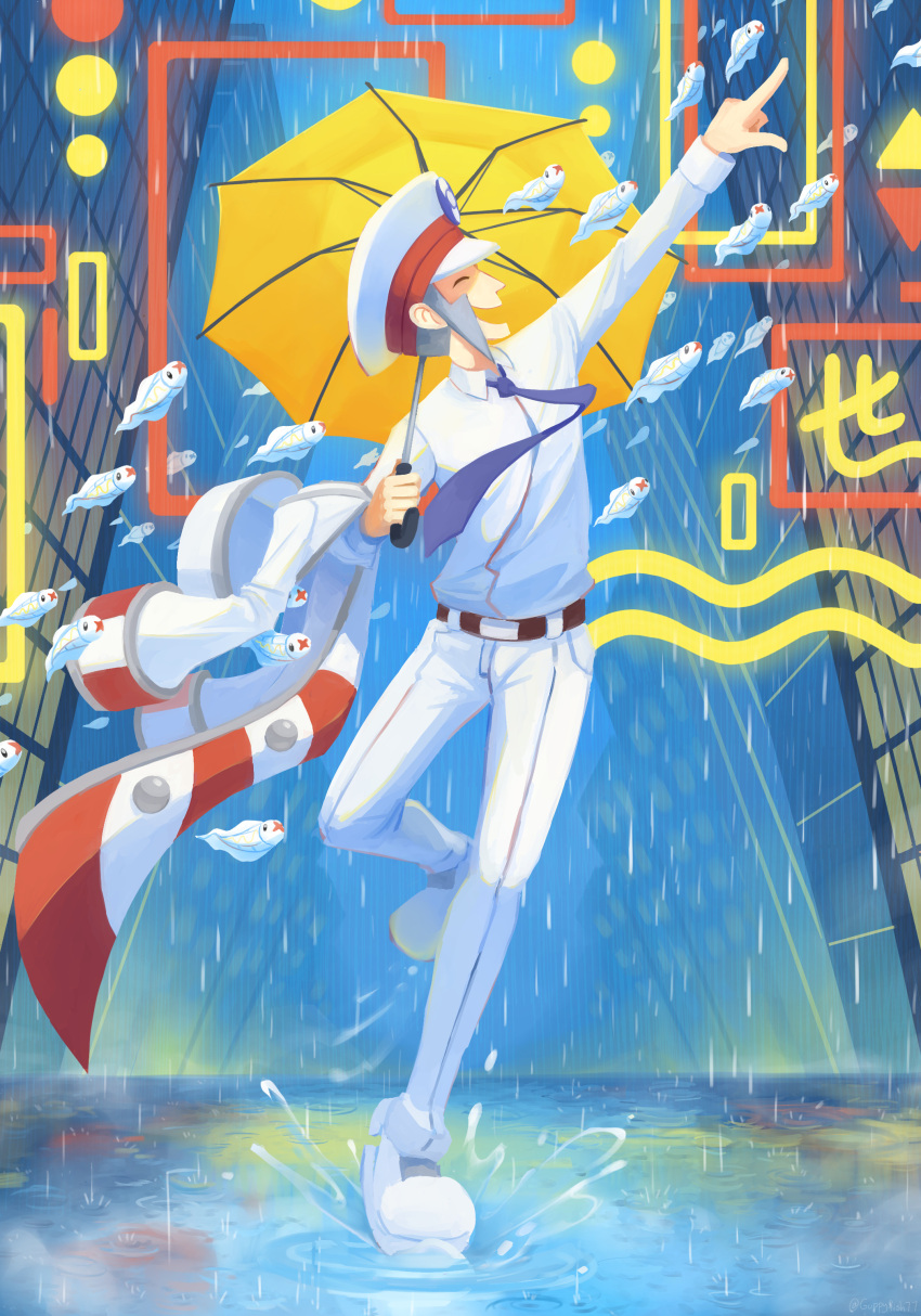 1boy absurdres belt blue_necktie closed_eyes collared_shirt emmet_(pokemon) full_body grey_hair guppyfish77 hat highres holding holding_umbrella male_focus necktie open_mouth outdoors peaked_cap pokemon pokemon_(creature) pokemon_bw rain shirt singin'_in_the_rain tynamo umbrella white_footwear white_hat white_shirt