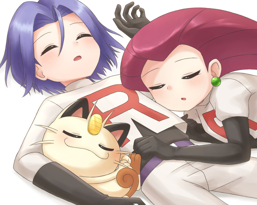 1boy 1girl black_gloves blue_hair closed_eyes gloves highres james_(pokemon) jessie_(pokemon) lying meowth on_back on_side pokemon pokemon_(anime) pokemon_(creature) red_hair sleeping team_rocket team_rocket_uniform tsukimiya_0711 white_background