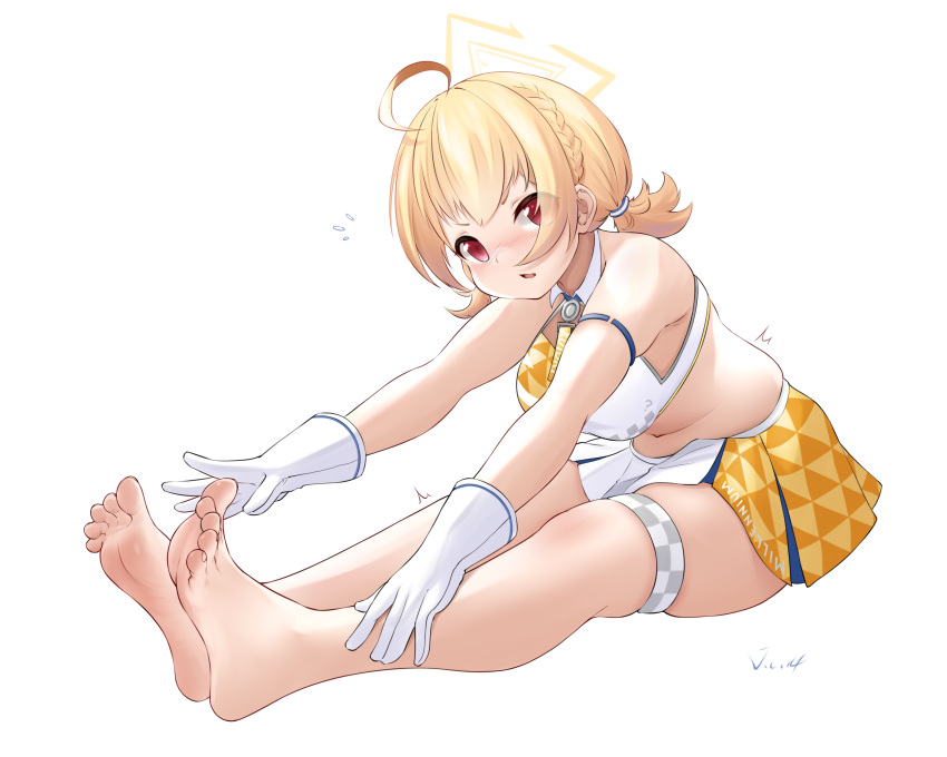 bare_arms bare_back bare_shoulders barefoot blonde_hair blue_archive cheerleader feet floating_headgear gloves halo headgear highres j.c.14 kotori_(blue_archive) navel red_eyes short_hair short_twintails skirt sports_bra triangle_halo twintails two-tone_sports_bra white_gloves white_skirt yellow_halo