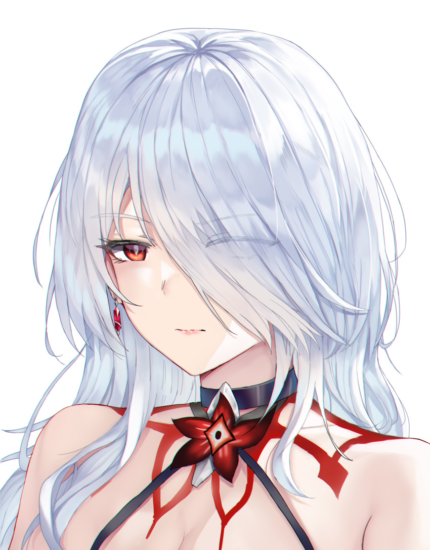 1girl acheron_(honkai:_star_rail) alternate_form black_choker body_markings bright_pupils choker earrings eyes_visible_through_hair hair_over_one_eye highres honkai:_star_rail honkai_(series) jewelry long_hair looking_at_viewer markings official_alternate_color portrait red_eyes red_lips simple_background solo three_quarter_view white_(user_gpgw2383) white_background white_hair white_pupils