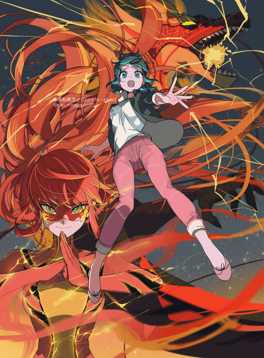 black_jacket blazer blue_eyes blue_hair closed_mouth dragon dragon_girl fei_wu highres jacket long_hair looking_at_viewer marinette_dupain-cheng mask night night_sky open_clothes open_jacket open_mouth orange_eyes orange_hair pants pink_footwear pink_pants red_hair red_mask seio_(nao_miragggcc45) shirt short_twintails sky smile twintails upper_body white_shirt