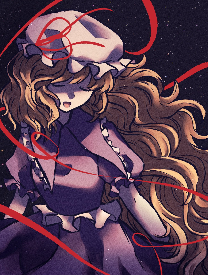 1girl blonde_hair closed_eyes commentary_request cowboy_shot hat highres long_hair maribel_hearn mob_cap neck_ribbon night night_sky open_mouth purple_shirt purple_skirt red_ribbon ribbon shirt skirt sky soda_(sodaa_811) solo taboo_japan_disentanglement touhou upper_body very_long_hair wavy_hair white_hat