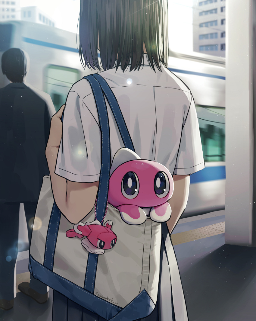 1boy 1girl bag colored_skin commentary_request fish highres kaminokefusa original outdoors pink_skin pokemon pokemon_(creature) shirt shoulder_bag tatsugiri tatsugiri_(droopy) train walking white_shirt