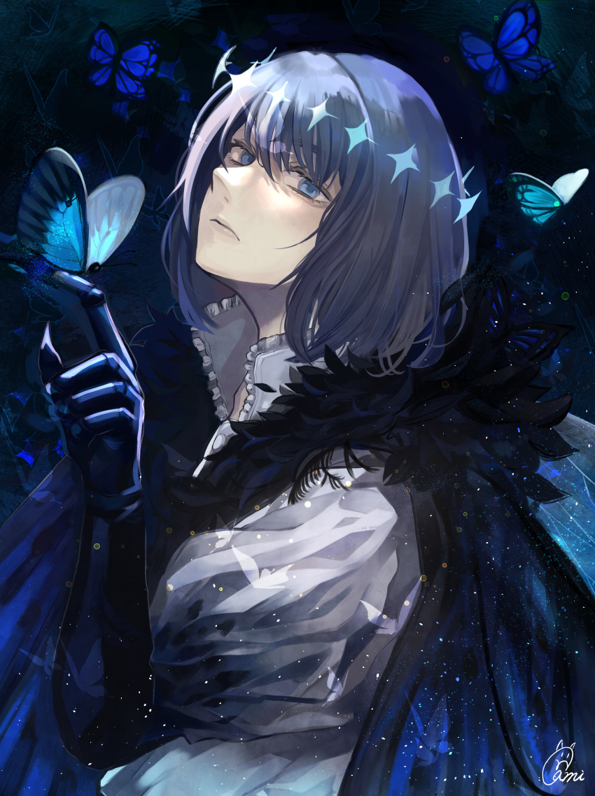 1boy absurdres bags_under_eyes black_cape blue_butterfly blue_eyes bug butterfly butterfly_on_hand cape diamond_hairband dress_shirt fate/grand_order fate_(series) from_side gami_ww highres light_particles looking_at_viewer male_focus oberon_(fate) oberon_(third_ascension)_(fate) puffy_sleeves shirt short_hair signature solo