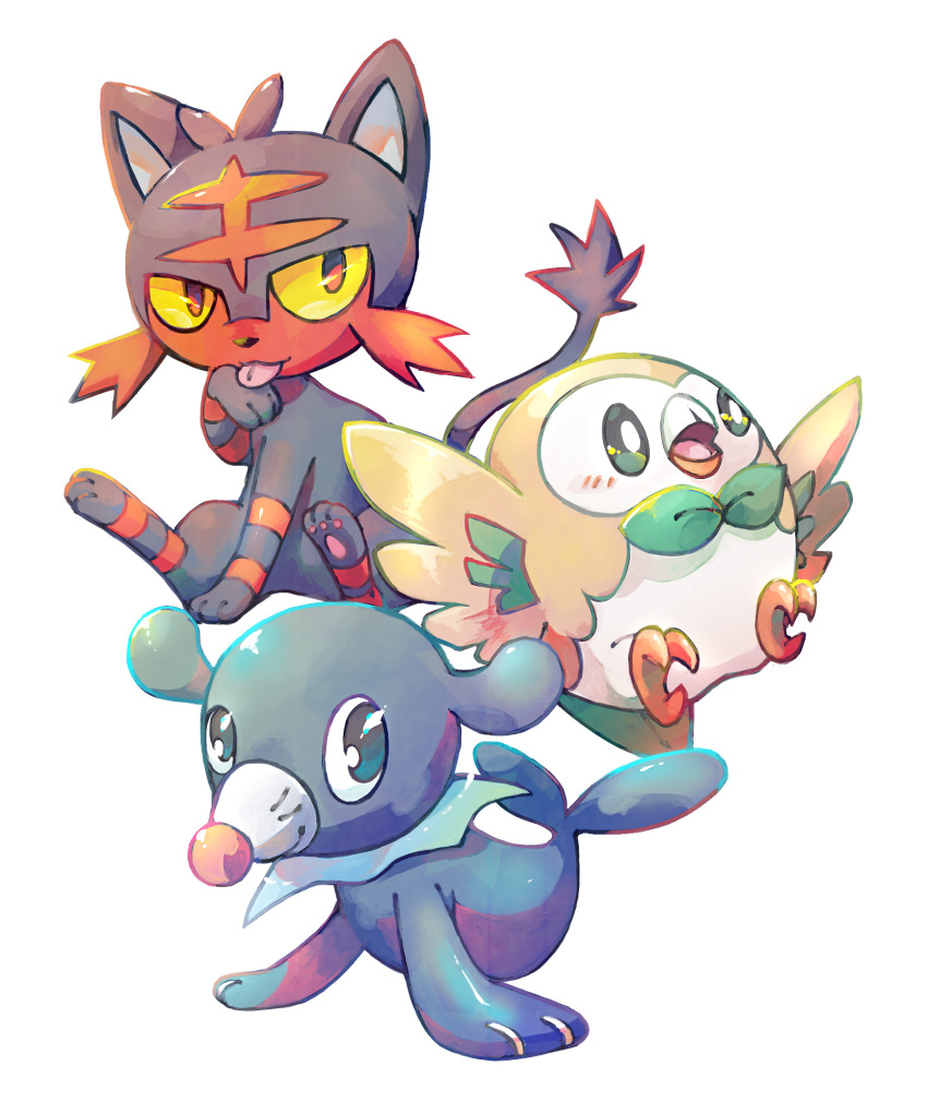 bright_pupils closed_mouth colored_sclera full_body highres licking licking_self litten no_humans open_mouth pawpads pokemon pokemon_(creature) popplio rowlet satotsu simple_background sitting starter_pokemon_trio tongue white_background white_pupils yellow_sclera