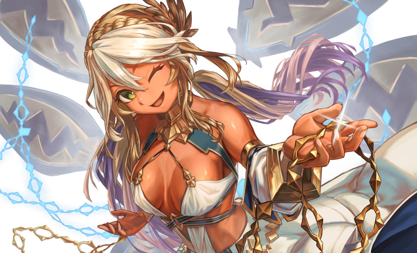 1girl andromeda_(fate) andromeda_(first_ascension)_(fate) armlet bare_shoulders blonde_hair blush braid breasts chain cleavage collar crown_braid cuffs dark-skinned_female dark_skin detached_sleeves dress fate/grand_order fate_(series) gold_teeth green_eyes hair_ornament highres jaws large_breasts long_hair looking_at_viewer low_twintails mayagi_(mayagi61) metal_collar multicolored_hair one_eye_closed open_mouth shackles short_dress sidelocks smile solo twintails two-tone_hair white_dress white_hair