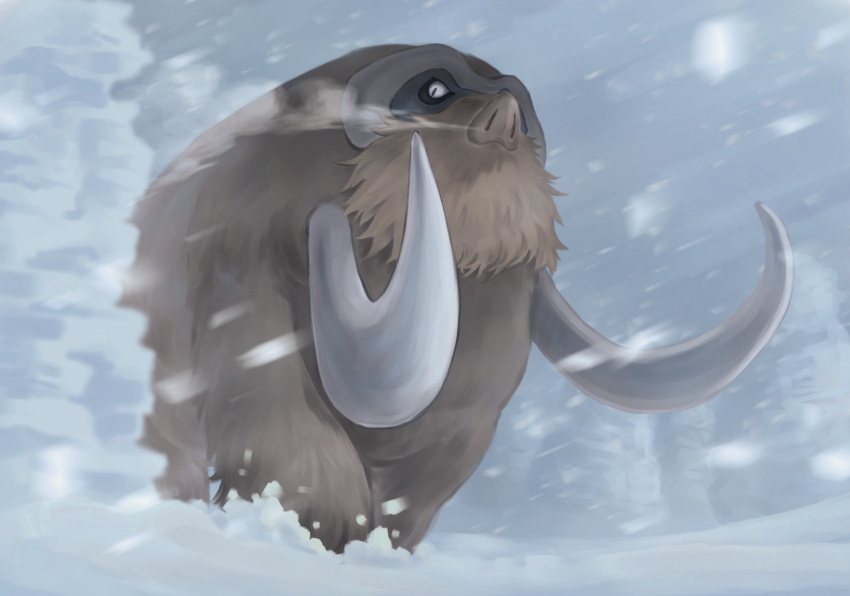 black_eyes breath commentary_request from_below highres looking_down mamoswine mayagi_(mayagi61) no_humans pokemon pokemon_(creature) snow solo standing tusks