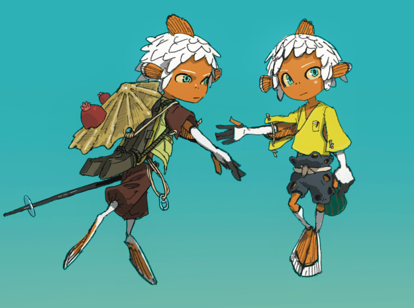 1boy animal_feet aqua_background baggy_pants blue_eyes brown_shorts closed_mouth colored_sclera colored_skin fins fish_boy full_body green_vest hand_up hashtag-only_commentary head_fins highres holding holding_polearm holding_weapon looking_at_viewer male_focus monster_boy multiple_views orange_skin original pants polearm shirt short_hair shorts simple_background umbs_iso vest weapon white_hair yellow_sclera yellow_shirt