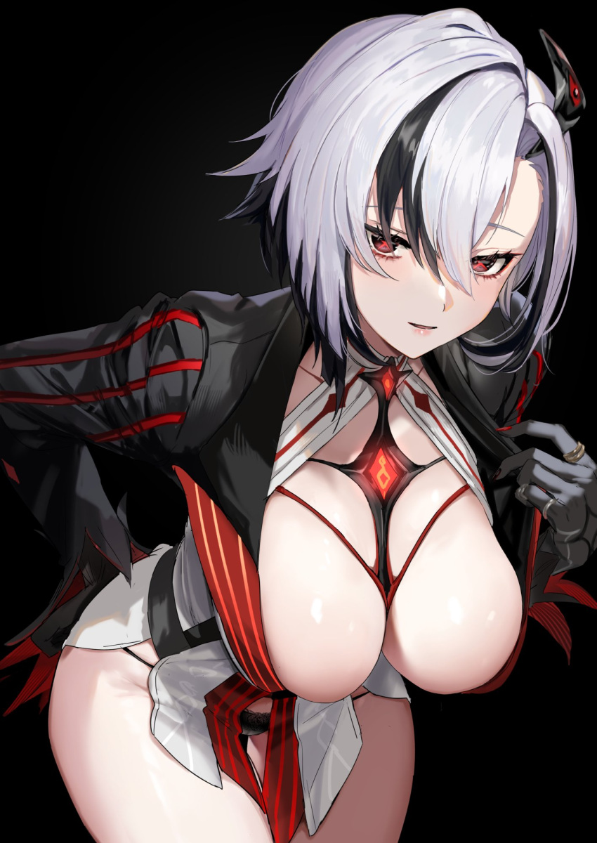 1girl arlecchino_(genshin_impact) black_background black_eyes black_hair black_hands black_nails black_panties black_shirt breasts cleavage commentary cowboy_shot genshin_impact grey_hair hair_between_eyes hand_up hanging_breasts highres hominamia jewelry large_breasts leaning_forward looking_at_viewer low_neckline multicolored_hair multiple_rings no_pants panties parted_lips red_nails red_pupils ring shirt simple_background solo streaked_hair symbol-shaped_pupils thighs underwear white_hair x-shaped_pupils