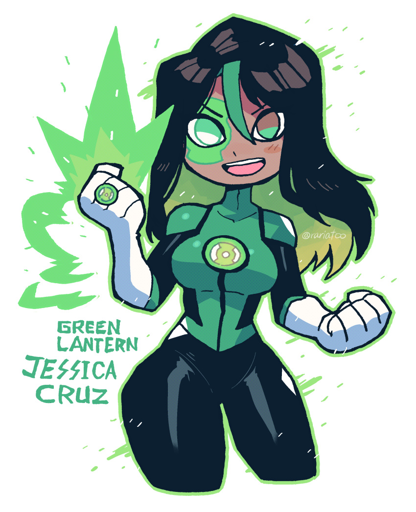 1girl absurdres aura black_bodysuit black_hair bodysuit boots breasts commission contrapposto dark-skinned_female dark_skin dc_comics elbow_gloves facial_mark gloves green_eyes green_lantern green_lantern_(series) green_lantern_corps green_lips highres holding jessica_cruz jewelry lantern large_breasts lips long_hair markings power_ring_(green_lantern) rariatto_(ganguri) ring skin_tight smile thick_thighs thighs twitter_username white_gloves