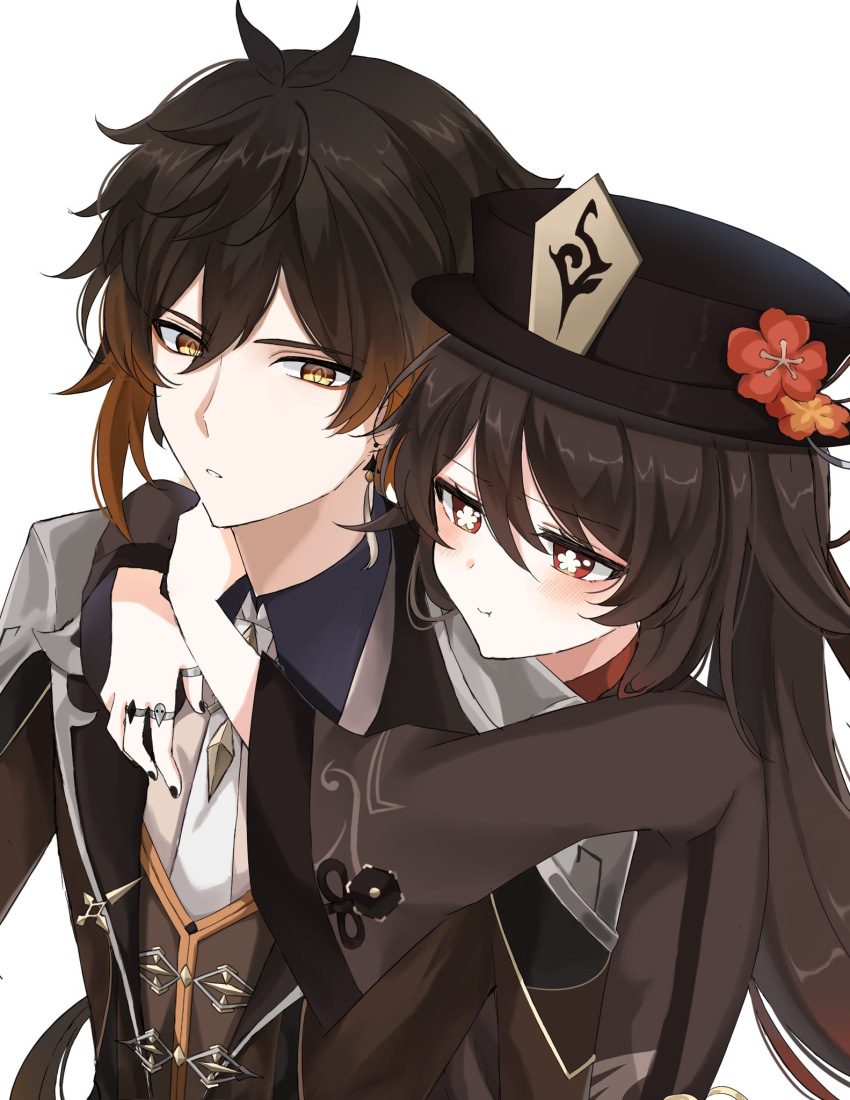 1boy 1girl black_hair black_nails blush brown_hair commentary_request diamond-shaped_pupils diamond_(shape) earrings eyeliner eyeshadow flower flower-shaped_pupils formal genshin_impact gradient_hair hair_between_eyes hat hat_flower highres hu_tao_(genshin_impact) hug hug_from_behind jacket jewelry long_hair long_sleeves makeup multicolored_hair multiple_rings necktie plum_blossoms porkpie_hat puffy_cheeks red_eyes red_eyeshadow ring single_earring suit sulking symbol-shaped_pupils tassel tassel_earrings white_necktie yellow_eyes yudemame1027 zhongli_(genshin_impact)