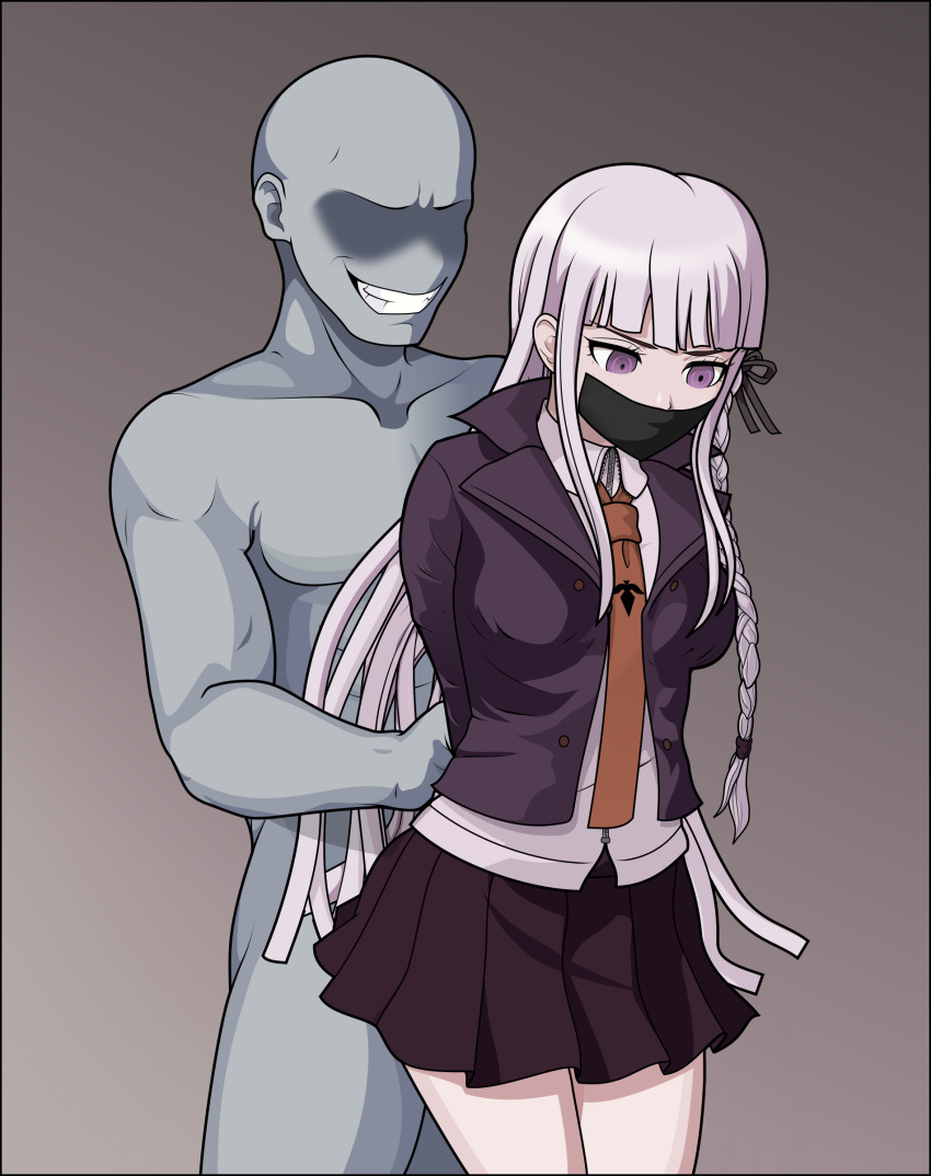 1girl absurdres arms_behind_back bdsm black_jacket black_ribbon black_skirt bondage bound braid breasts brown_necktie collared_shirt cowboy_shot danganronpa:_trigger_happy_havoc danganronpa_(series) english_commentary faceless faceless_male gag grey_hair grin hair_ribbon highres jacket just_some_guy kirigiri_kyoko large_breasts miniskirt necktie open_clothes open_jacket pleated_skirt purple_eyes rape restrained ribbon shirt side_braid skirt smile standing teeth white_shirt