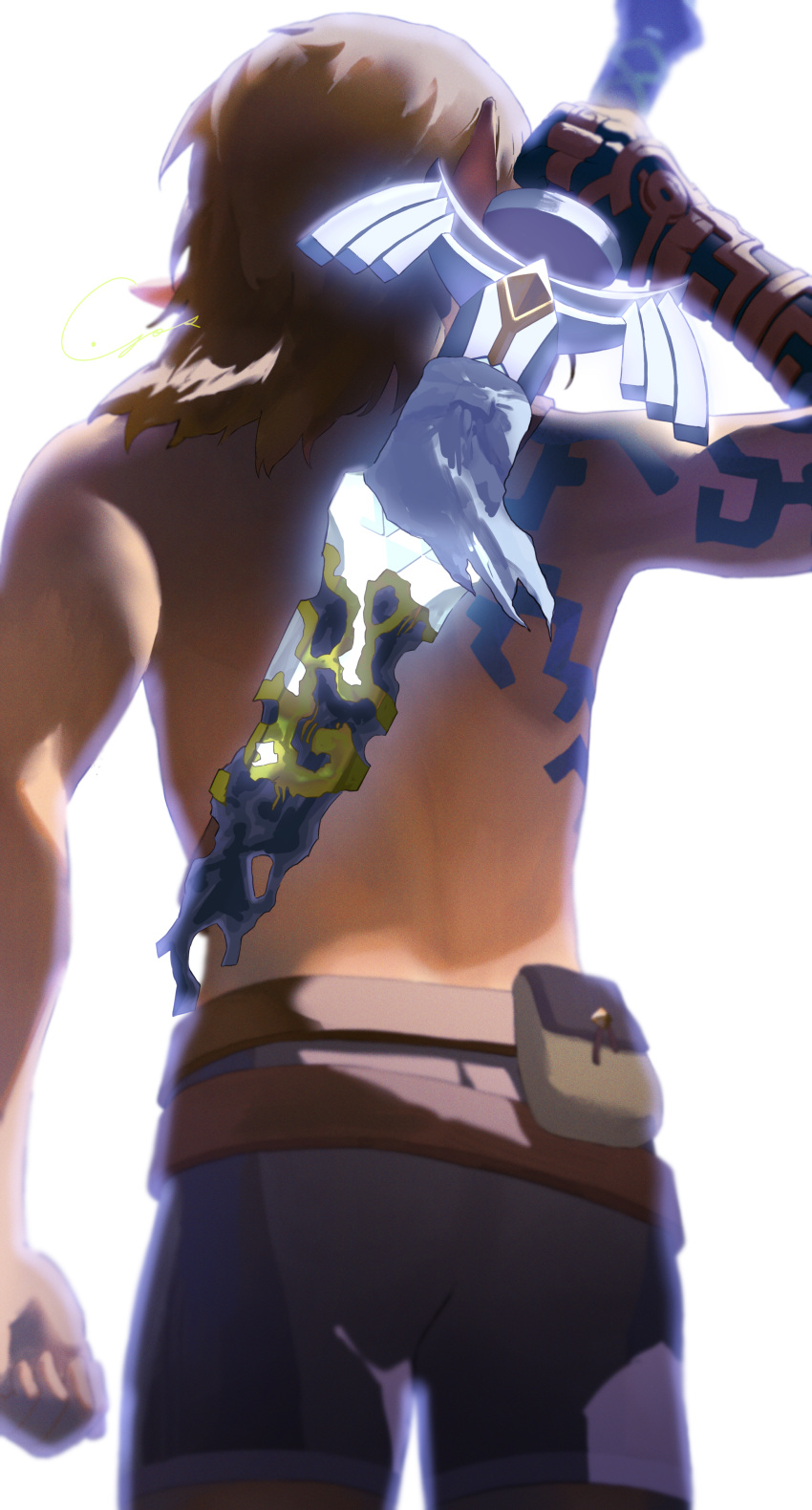 1boy absurdres belt_pouch bike_shorts brown_hair from_behind highres link male_focus master_sword medium_hair pouch solo the_legend_of_zelda the_legend_of_zelda:_tears_of_the_kingdom topless_male yos_(72112764)