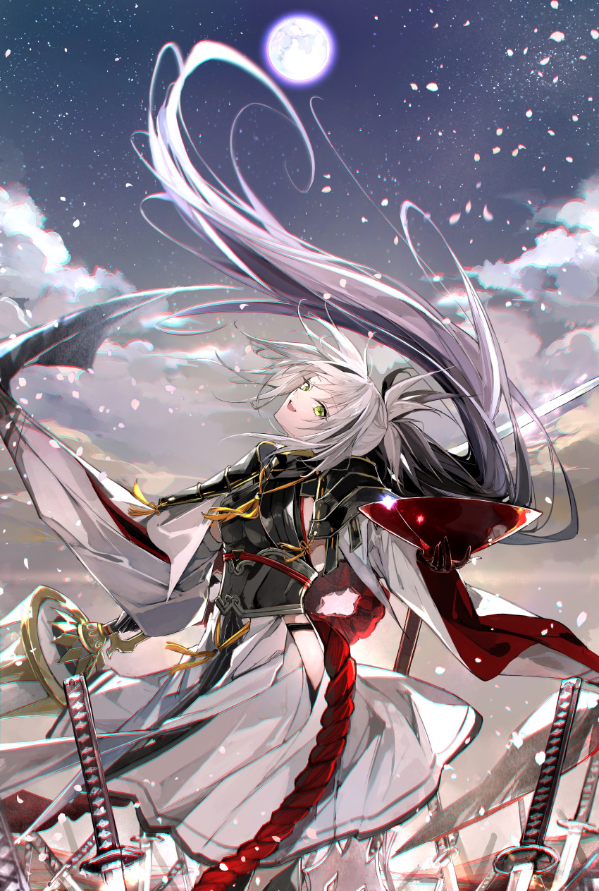 1girl absurdres armor black_hair breasts fate/grand_order fate_(series) green_eyes hair_between_eyes high_ponytail highres hip_vent holding japanese_armor kino_kokko lance layered_skirt long_hair long_sleeves looking_at_viewer multicolored_hair nagao_kagetora_(fate) open_mouth polearm rope_belt shirt shoulder_armor skirt smile sode two-tone_hair uesugi_kenshin_(fate) uesugi_kenshin_(first_ascension)_(fate) very_long_hair weapon white_hair