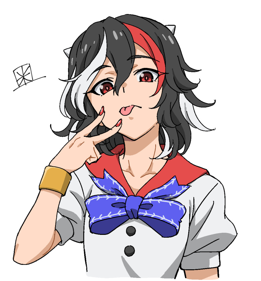 1girl black_hair blue_bow blue_bowtie bow bowtie buttons closed_mouth cone_horns fingernails highres horns kijin_seija maita multicolored_hair nail_polish puffy_short_sleeves puffy_sleeves red_eyes red_hair red_nails red_sailor_collar sailor_collar shirt short_hair short_sleeves simple_background small_horns solo streaked_hair tongue tongue_out touhou white_background white_hair white_horns white_shirt