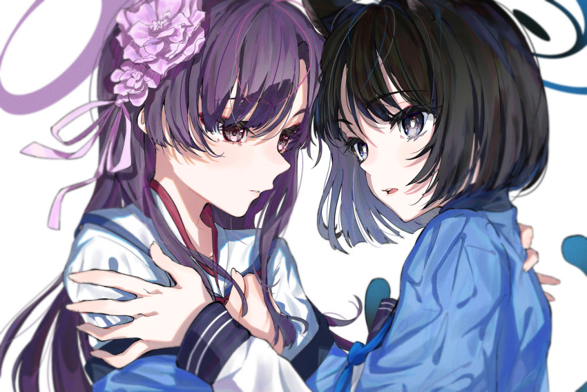 2girls animal_ears black_hair blue_archive blush cat_ears cat_tail eye_contact flower hair_flower hair_ornament hanozuku haori highres implied_yuri japanese_clothes kikyou_(blue_archive) long_sleeves looking_at_another multiple_girls purple_hair school_uniform serafuku simple_background tail upper_body white_background yukari_(blue_archive)