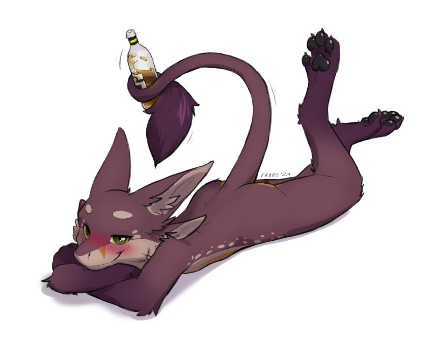 4_ears alcohol anthro beverage blush blush_lines bottle butt claws container crossed_arms digital_media_(artwork) drunk feet fur head_on_arm hi_res kiju_(species) legs_in_air looking_at_viewer lying male mammal multi_ear nude on_front pawpads paws prehensile_tail raised_tail simple_background smile smiling_at_viewer solo substance_intoxication superfrodo tail tail_tuft tuft
