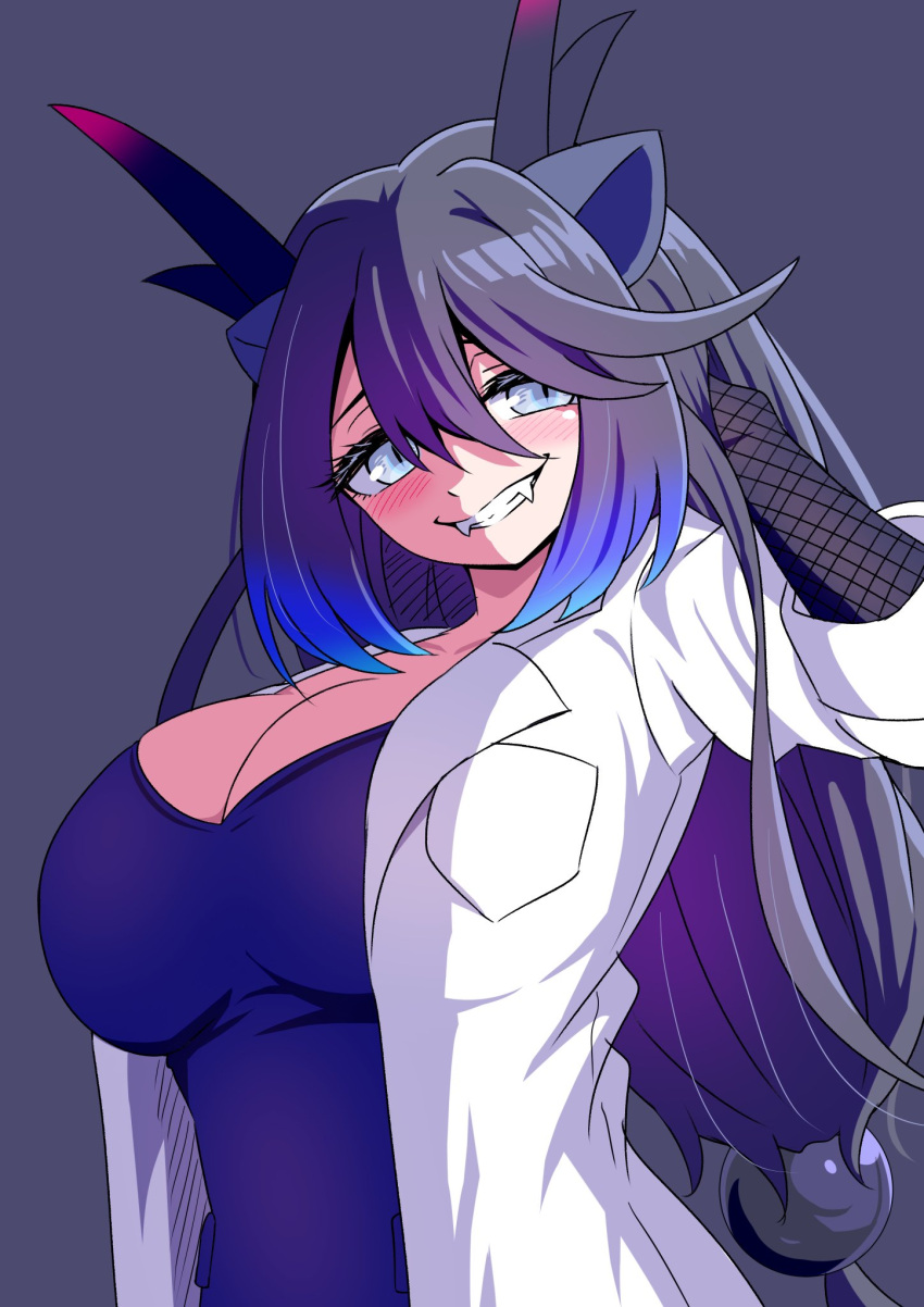 1girl black_dragon_(kemono_friends) black_hair blue_hair blush breasts cleavage coat dragon_ears dragon_girl dragon_horns dragon_tail extra_ears fangs gloves grey_eyes highres horns huge_breasts kemono_friends kemono_friends_3 lab_coat long_hair looking_at_viewer mamiyama multicolored_hair multicolored_horns open_clothes open_coat pink_horns scale_print shirt tail white_coat