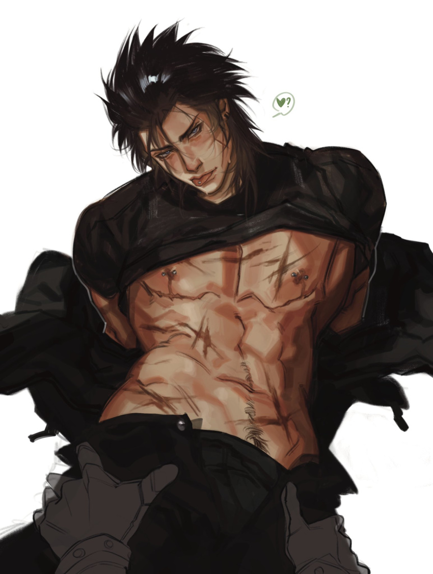 1boy ? black_gloves black_hair black_male_underwear black_pants blush charluiu clothes_lift final_fantasy final_fantasy_vii final_fantasy_vii_remake gloves heart highres jacket jacket_partially_removed looking_at_viewer male_focus male_underwear mastectomy_scar medium_hair multiple_scars navel navel_hair nipple_bar nipple_piercing nipples open_fly pants pectorals piercing pov pov_hands scar scar_on_chest shirt_lift simple_background solo spoken_heart spoken_question_mark sweat toned toned_male tongue tongue_out tongue_piercing too_many too_many_scars underwear undressing_another white_background zack_fair