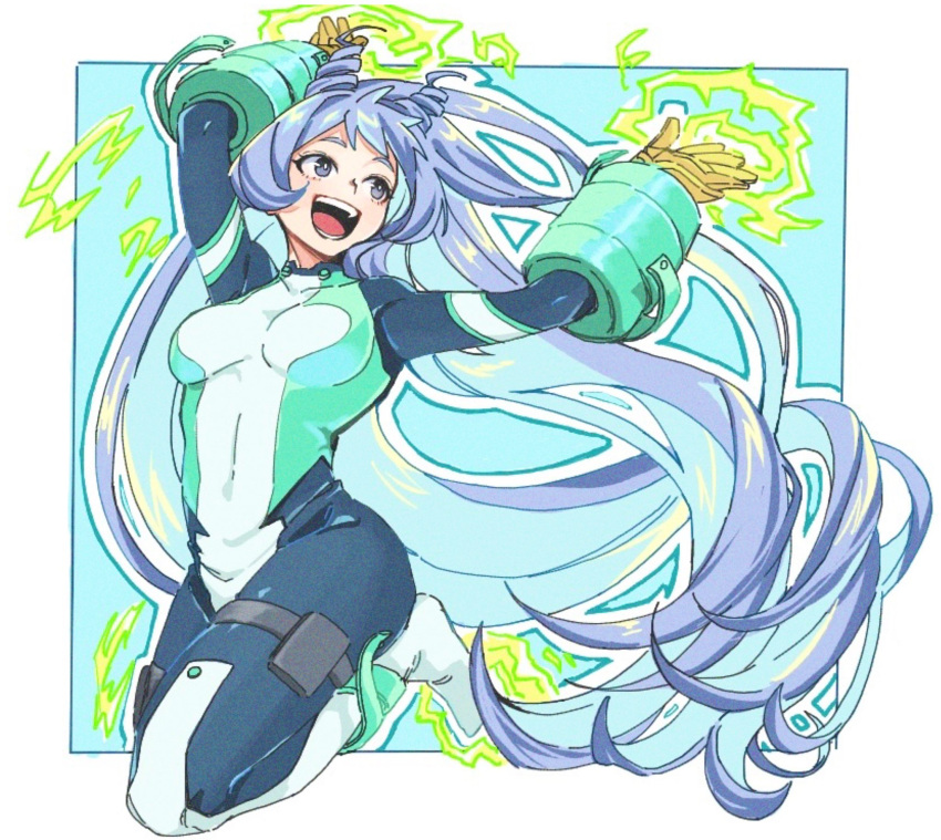 1girl blue_bodysuit blue_eyes blue_hair bodysuit boku_no_hero_academia drill_hair energy gloves green_bodysuit hadou_nejire highres long_hair multicolored_bodysuit multicolored_clothes nishino_(fetv8484) open_mouth solo twin_drills yellow_gloves