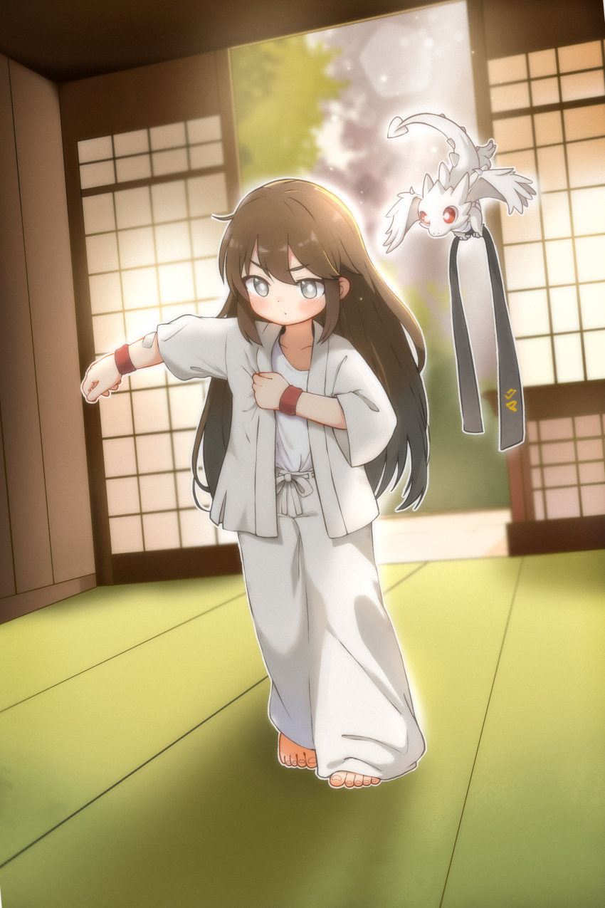 1girl absurdres barefoot belt black_belt brown_hair chinese_commentary commentary_request dojo dot_nose dougi dragon floating full_body grey_eyes highres kuma-bound lens_flare long_hair original pants red_eyes red_wristband sunlight tail toes unworn_belt v-shaped_eyebrows white_pants wings