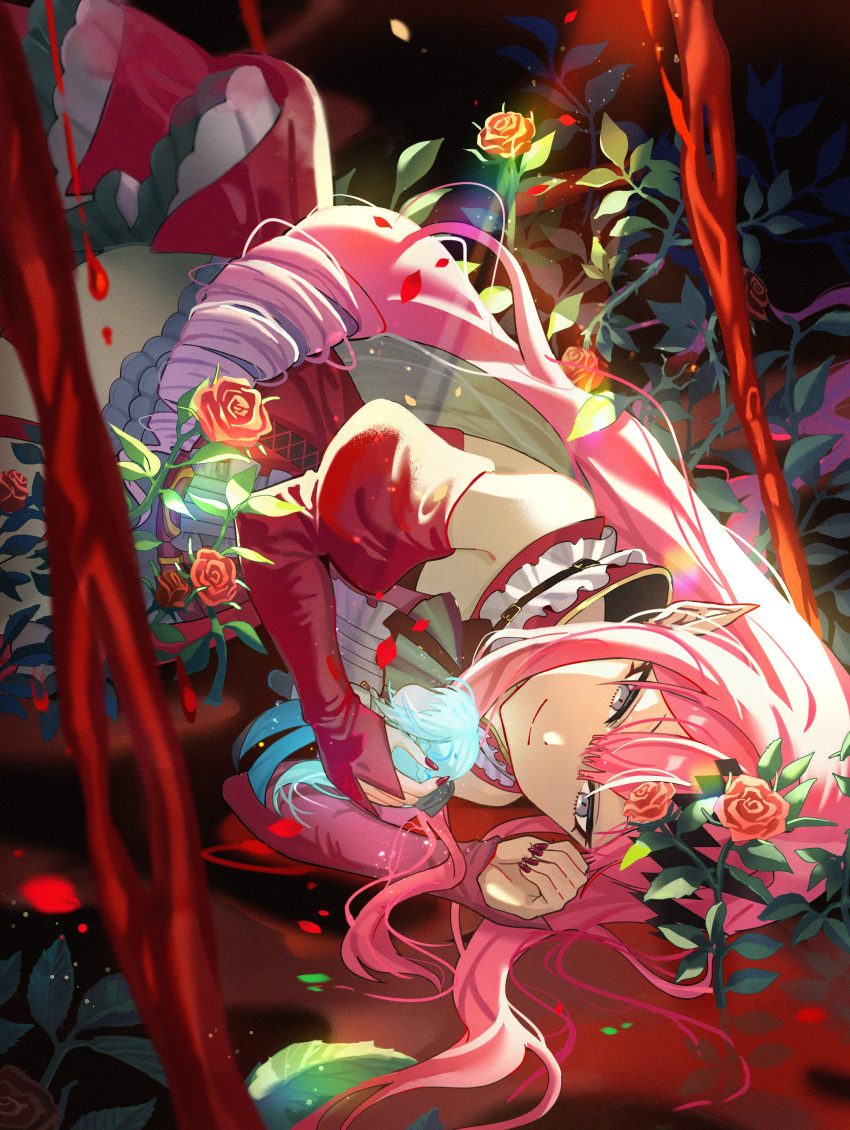 1girl absurdres baobhan_sith_(fate) baobhan_sith_(first_ascension)_(fate) bare_shoulders blood breasts character_doll detached_sleeves dress fate/grand_order fate_(series) flower frilled_dress frills grey_eyes hair_ornament hand_up highres long_hair long_sleeves looking_at_viewer lying morgan_le_fay_(fate) nail_polish nihonnneko on_side pink_hair pointy_ears red_dress red_flower red_nails sidelocks smile solo