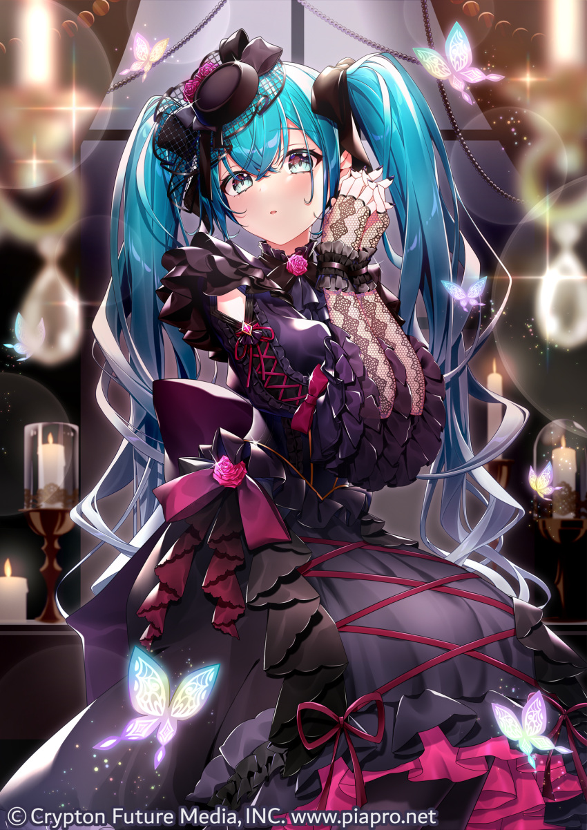 1girl arm_cutout black_bow black_dress blue_hair bow bug butterfly dress frilled_sleeves frills gari_(apollonica) gothic_lolita gradient_hair grey_hair hair_bow hatsune_miku highres layered_dress layered_sleeves lens_flare lolita_fashion long_dress long_hair long_sleeves looking_at_viewer multicolored_hair red_bow red_ribbon ribbon solo twintails very_long_hair vocaloid