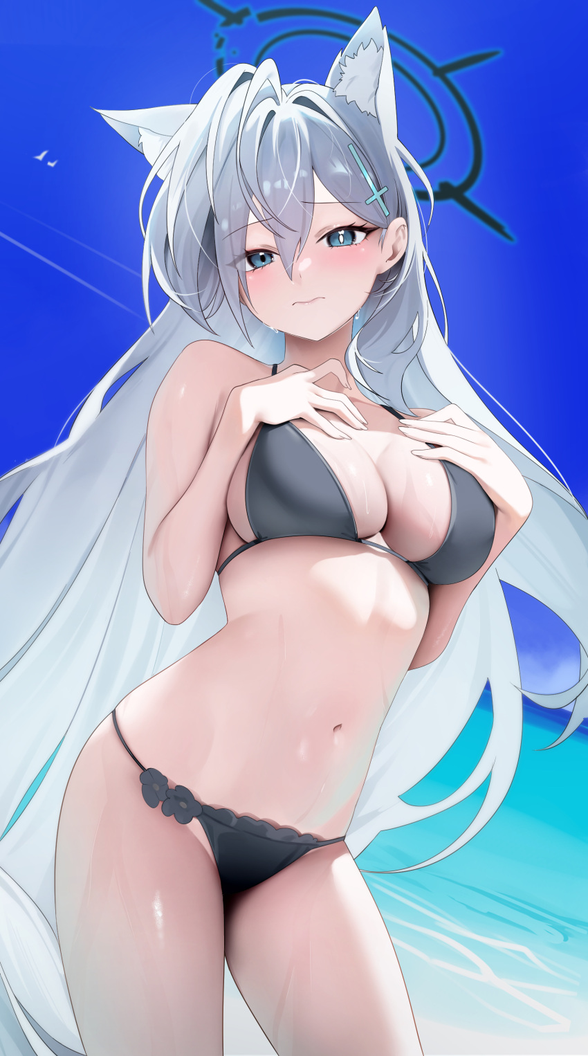 1girl absurdres animal_ear_fluff animal_ears bare_shoulders beach bikini black_bikini blue_archive blue_eyes blue_sky blush breasts cleavage collarbone cross_hair_ornament extra_ears grey_hair hair_ornament halo highres large_breasts long_hair looking_at_viewer navel rable shiroko_(blue_archive) shiroko_terror_(blue_archive) shore sidelocks sky solo swimsuit thighs very_long_hair wolf_ears