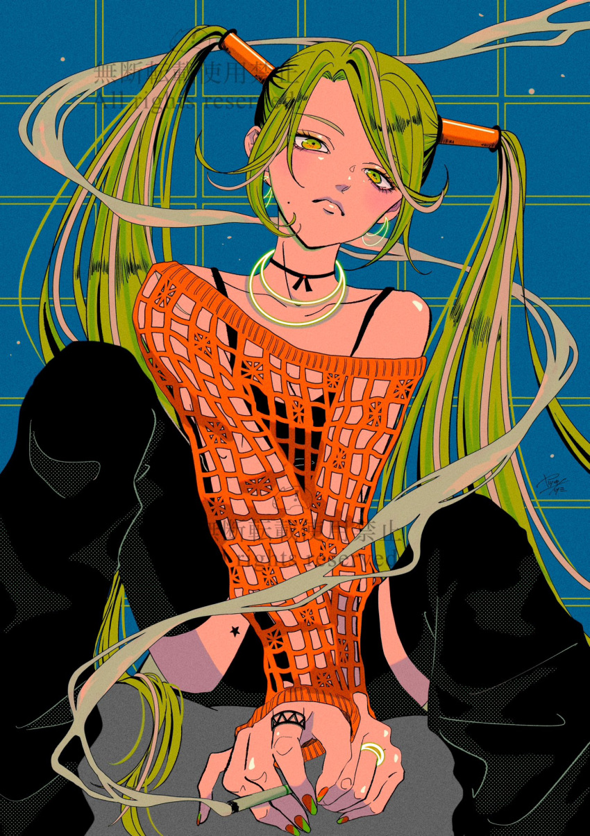 1girl black_camisole black_shorts black_thighhighs blush camisole earrings fishnet_top fishnets green_eyes green_hair hair_tubes halftone highres jewelry long_hair looking_at_viewer mole_beside_mouth necklace orange_shirt original ring shirt shorts solo star_(symbol) thighhighs twintails very_long_hair watermark yatsuki_natsumi