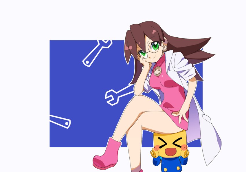 &gt;_&lt; 1girl ankle_boots boots breasts brown_hair closed_mouth commentary_request crossed_legs dress earrings green_eyes head_rest jewelry kaidou_zx lab_coat long_hair looking_at_viewer mega_man_(series) mega_man_legends mega_man_legends_(series) mega_man_x_(series) mega_man_x_dive open_clothes open_mouth pink_dress pink_footwear robot servbot_(mega_man) short_dress simple_background sitting sleeves_rolled_up small_breasts smile the_misadventures_of_tron_bonne thighs tron_bonne_(mega_man) wrench