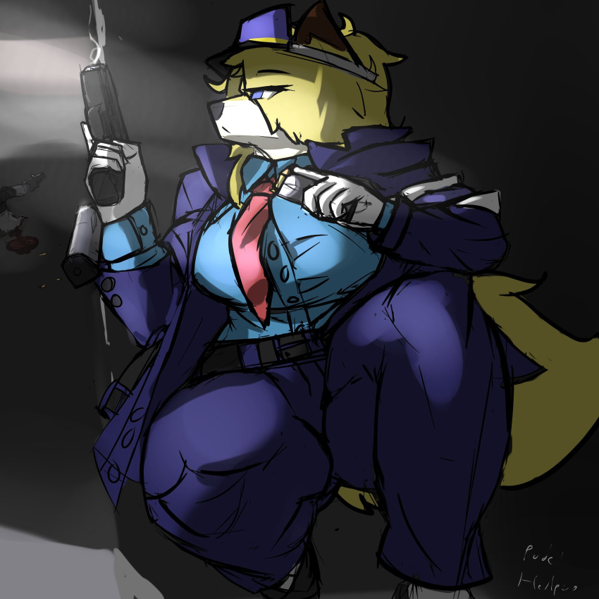 anthro avrilarmory blonde_hair blouse blue_eyes canid canine canis clothing crouching cuffs_(clothing) female fox gloves gun gun_smoke hair handgun handwear hat headgear headwear hi_res jacket mammal necktie pistol ranged_weapon red_fox reloading smoke solo topwear true_fox uniform weapon yaco_kitagawa