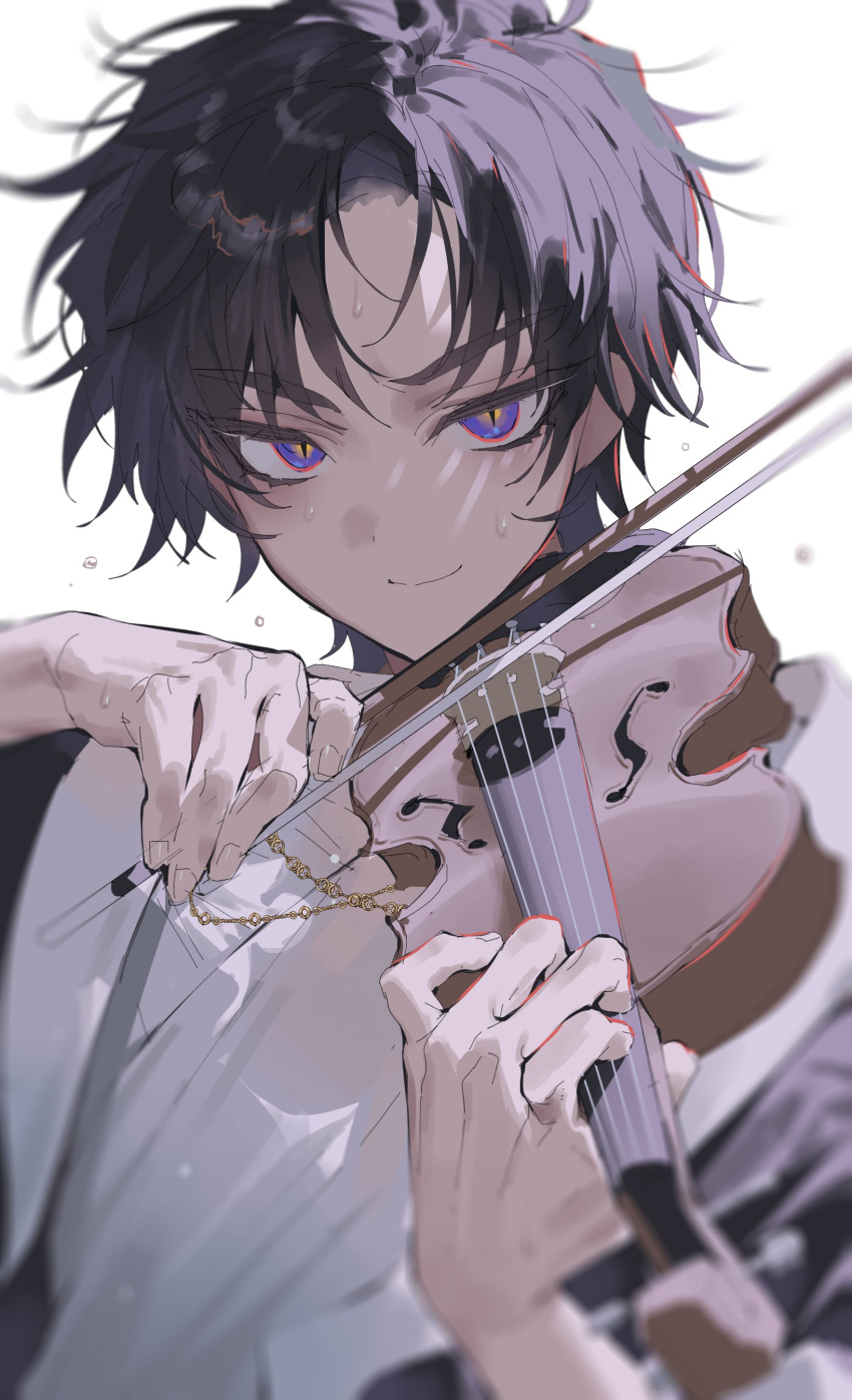 1boy absurdres black_hair blurry bow_(music) character_request highres holding holding_instrument holding_violin instrument korean_commentary longing_and_lies_(manhwa) looking_at_viewer male_focus mara_universe multicolored_eyes music playing_instrument purple_eyes shirt simple_background solo sweat upper_body violin white_background white_shirt