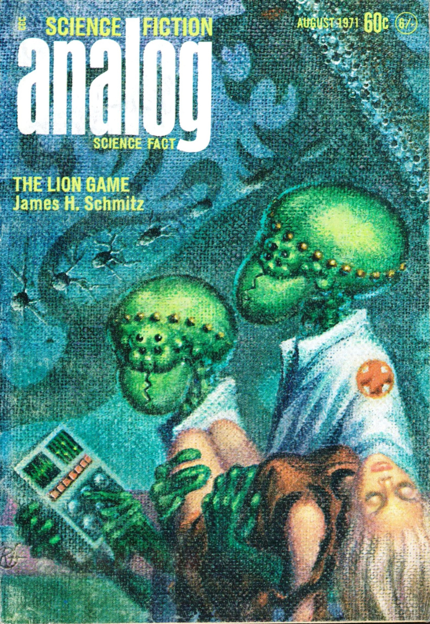 1971 20th_century alien analog_science_fiction ancient_art canvas_texture cent_sign cover currency_symbol group hi_res human kelly_freas logo magazine_cover mammal multi_eye red_cross shilling symbol technology traditional_media_(artwork) trio