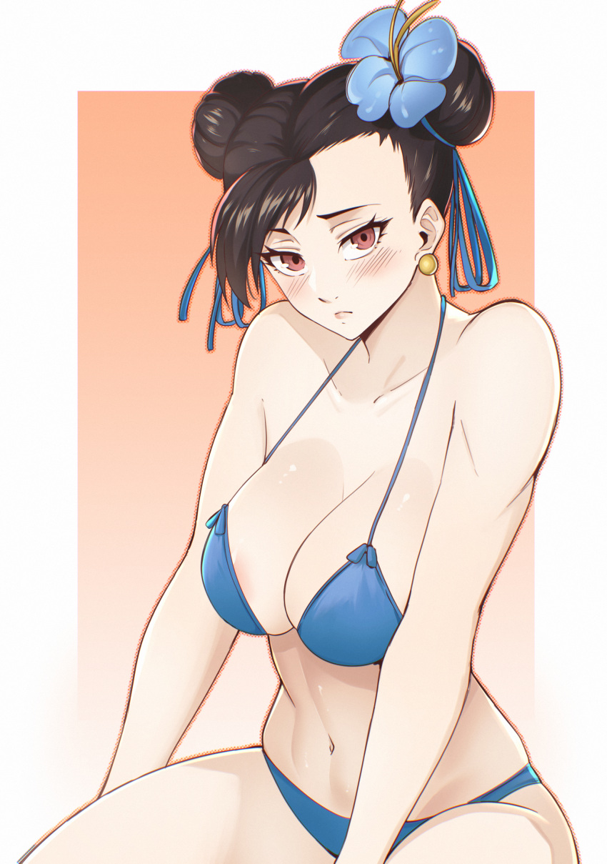 1girl aboleuk bare_shoulders bikini blue_bikini blush breasts brown_eyes brown_hair chun-li cleavage closed_mouth collarbone commentary double_bun earrings flower gradient_background hair_bun hair_flower hair_ornament hibiscus highres jewelry lips looking_at_viewer medium_breasts navel shiny_skin simple_background solo stomach street_fighter street_fighter_ii_(series) swimsuit