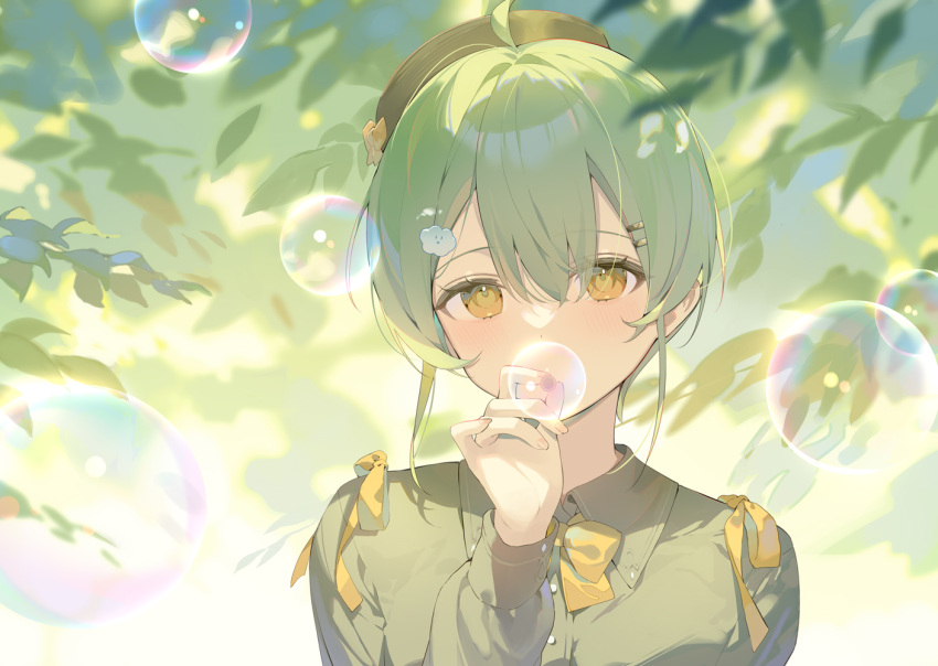 1girl ahoge blowing_bubbles bow bowtie brown_hat bubble_pipe collared_shirt commentary dot_nose green_hair green_shirt green_theme hana_mori leaf light_blush long_sleeves looking_at_viewer original shirt short_hair soap_bubbles solo straight-on upper_body yellow_bow yellow_bowtie yellow_eyes