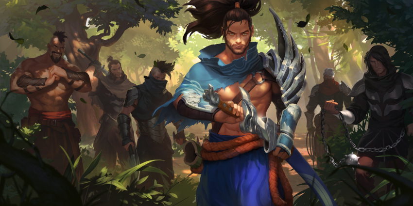 6+boys ball_and_chain_(weapon) bare_pectorals blue_pants blue_shirt brown_hair closed_mouth dagger drawing_sword fist_in_hand forest highres holding holding_dagger holding_knife holding_sword holding_weapon holding_whip knife league_of_legends legends_of_runeterra looking_at_viewer male_focus mohawk multiple_boys nature navori_brigand navori_highwayman o-ring official_art outdoors pants pectorals ponytail rope shirt sixmorevodka sword topless_male weapon yasuo_(league_of_legends)