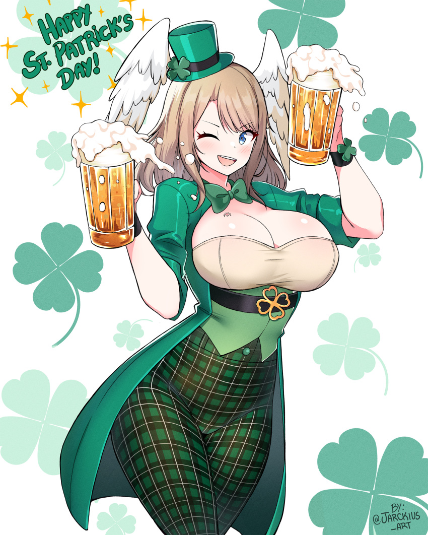 1girl ;d absurdres asymmetrical_bangs beer_mug bow bowtie breast_tattoo breasts cleavage clover coat cowboy_shot cup eunie_(xenoblade) four-leaf_clover green_bow green_bowtie green_coat green_hat hat head_wings high-waist_pants highres jarckius large_breasts mini_hat mini_top_hat mug one_eye_closed pants saint_patrick's_day smile solo tailcoat tattoo top_hat waistcoat waitress white_background wings xenoblade_chronicles_(series) xenoblade_chronicles_3