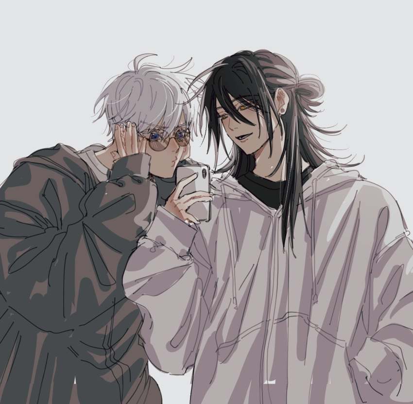 2boys absurdres adjusting_eyewear alternate_costume black_hair black_hoodie black_shirt blue_eyes brown_eyes casual cellphone contemporary couple getou_suguru glasses gojou_satoru hair_bun hand_in_pocket hands_up highres holding holding_phone hood hoodie jacket jujutsu_kaisen leia_front2 long_hair male_focus messy_hair multiple_boys parted_bangs phone pursed_lips round_eyewear shirt short_hair simple_background single_hair_bun smartphone upper_body white_background white_eyelashes white_hair white_jacket white_shirt yaoi zipper