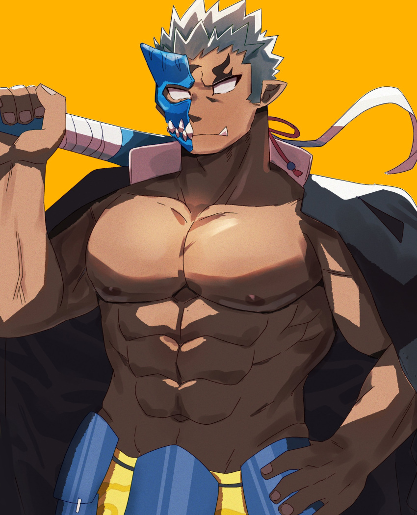 1boy abs absurdres bara bare_pectorals blank_eyes cowboy_shot dark-skinned_male dark_skin facing_viewer gakuran half_mask highres horned_mask jacket jacket_on_shoulders large_pectorals long_hair male_focus mask metal_baseball_bat monster_boy muscular muscular_male navel nipples oni_mask pectorals ponytail school_uniform shuten_douji_(housamo) solo standing stomach strongman_waist suna_sand1 thick_eyebrows tokyo_afterschool_summoners tusks white_hair