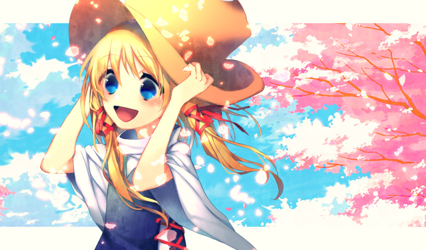 1girl black_vest blonde_hair blue_eyes blush_stickers brown_hat cherry cherry_blossoms falling_petals food fruit hair_ribbon long_hair looking_ahead moriya_suwako no_nose open_mouth petals red_ribbon ribbon solo sui~tsu touhou tree vest wide_sleeves