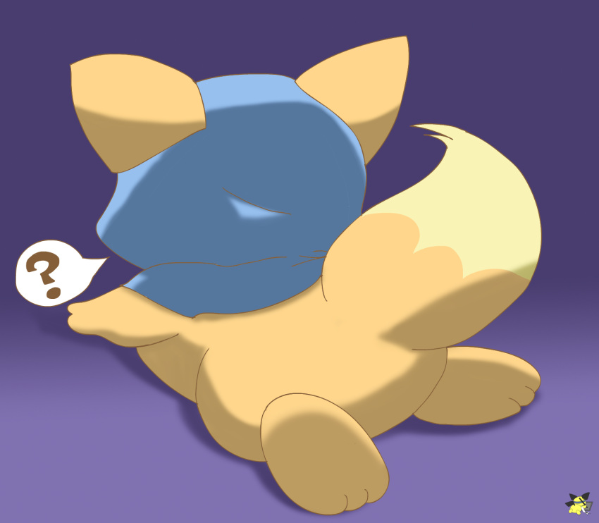 artist_logo blue_clothing butt canid canine clothing enen feral fox fur hi_res hood logo male mammal orange_body orange_fur pichu90 pretty_cure rear_view simple_background solo yellow_body yellow_fur