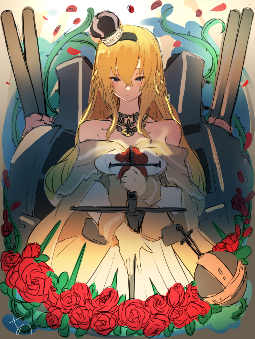 1girl bare_shoulders blonde_hair blush braid breasts closed_mouth crown dress flower french_braid globus_cruciger hair_between_eyes highres holding jewelry kantai_collection large_breasts long_hair mini_crown necklace off-shoulder_dress off_shoulder petals red_flower red_rose rigging rose sidelocks signature simple_background solo sunday_aki thorns turret warspite_(kancolle)