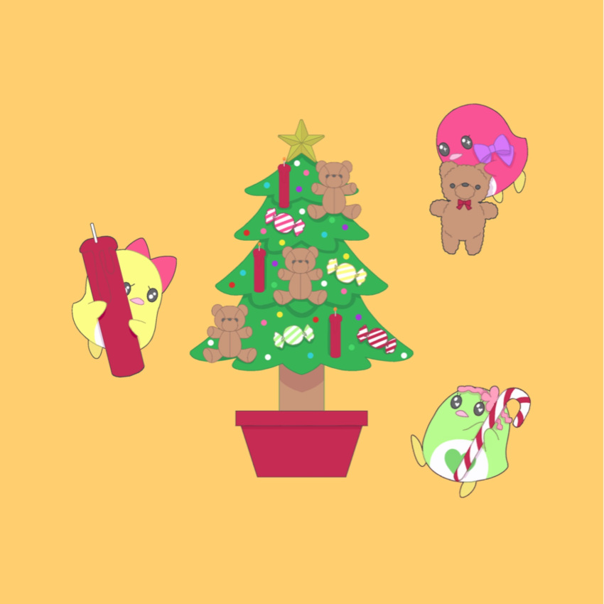 animal_focus bird candle candy candy_cane christmas christmas_ornaments christmas_tree commentary_request decorating ethini_(pretty_rhythm) femini_(pretty_rhythm) food full_body highres holding holding_candle holding_candy holding_candy_cane holding_food mascot no_humans nyaasechan penguin pretty_rhythm pretty_rhythm_rainbow_live pretty_series sessny_(pretty_rhythm) simple_background stuffed_animal stuffed_toy teddy_bear yellow_background