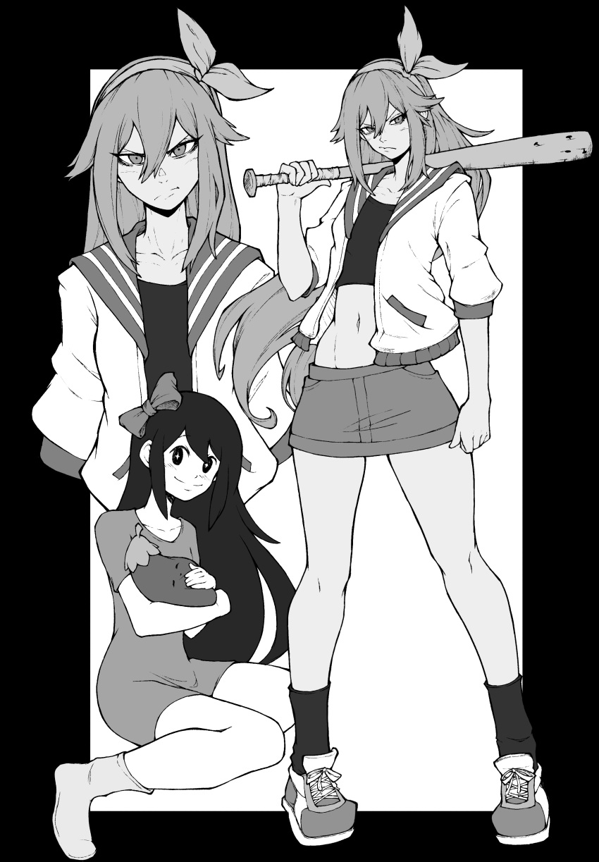 1other 2girls absurdres aubrey_(faraway)_(omori) aubrey_(headspace)_(omori) aubrey_(omori) baseball_bat black_border border bow collarbone commentary crop_top dress full_body greyscale hair_bow hairband highres jacket kekel long_hair looking_at_viewer midriff miniskirt monochrome mr._plantegg_(omori) multiple_girls navel omori open_clothes open_jacket outside_border shoes sidelocks sitting skirt smile sneakers socks standing tank_top upper_body v-shaped_eyebrows