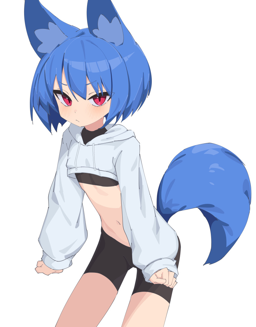 1girl absurdres animal_ear_fluff animal_ears bike_shorts black_undershirt blue_hair bob_cut clenched_hands closed_mouth commentary cowboy_shot crop_top cropped_hoodie flat_chest fox_ears fox_girl fox_tail hair_between_eyes highres hood hood_down hoodie light_blush light_frown long_sleeves looking_at_viewer midriff miya_(myakuro) myakuro navel original red_eyes short_hair simple_background sleeves_past_wrists slit_pupils solo tail thigh_gap turtleneck v-shaped_eyebrows white_background white_hoodie