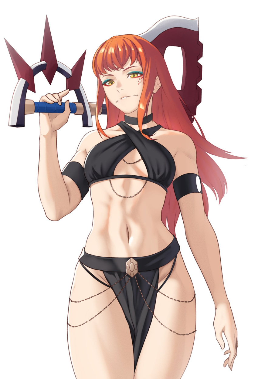 1girl armband axe bare_shoulders black_choker breasts choker commentary cowboy_shot criss-cross_halter crop_top english_commentary eyeshadow facial_mark fire_emblem fire_emblem_engage groin halterneck hand_up highres holding holding_axe holding_weapon loincloth long_hair makeup meme_attire midriff navel orange_hair panette_(fire_emblem) parted_lips pomelomelon revealing_clothes simple_background small_breasts solo standing stomach thighs weapon white_background yellow_eyes yomorio_lingerie
