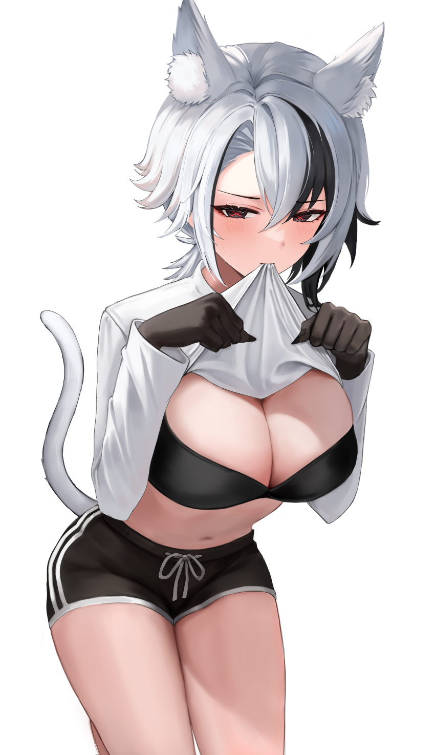 1girl absurdres animal_ear_fluff animal_ears arlecchino_(genshin_impact) black_bra black_eyes black_hair black_hands black_shorts bra breasts cat_ears cat_girl cat_tail cleavage closed_mouth clothes_lift commentary cowboy_shot english_commentary genshin_impact hands_up highres kamko kemonomimi_mode long_sleeves looking_at_viewer mouth_hold multicolored_hair paw_pose red_pupils revision shirt shirt_lift short_hair shorts simple_background solo symbol-shaped_pupils tail two-tone_hair underwear white_background white_hair white_shirt x-shaped_pupils