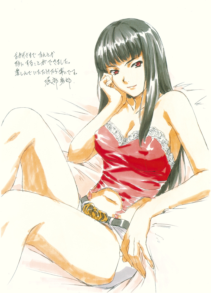 absurdres black_hair breasts camisole copyright_request covered_nipples hand_on_own_cheek hand_on_own_face highres horibe_hiderou large_breasts long_hair red_eyes scan short_shorts shorts sitting solo text_focus